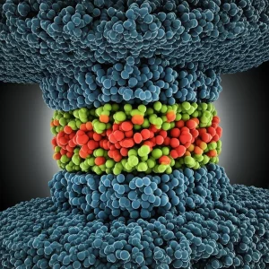 Immagine concettuale di un inibitore di incrostazioni composito polimero-montmorillonite (CT-5) che agisce in un ambiente ad alta temperatura, con molecole che interagiscono con ioni calcio per prevenire la formazione di calcare. Macro lens, 90mm, high detail, precise focusing, controlled lighting, colori caldi per indicare l'alta temperatura.
