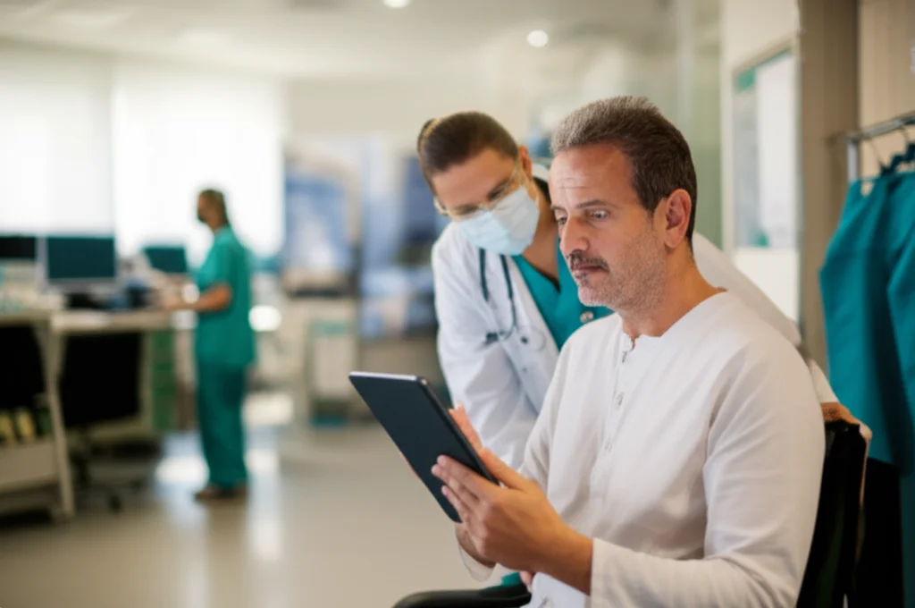 Immagine fotorealistica di un paziente che compila un questionario sulla qualità della vita su un tablet, assistito da un infermiere in un ambiente ospedaliero moderno e luminoso. Obiettivo prime, 35mm, profondità di campo, luce calda e rassicurante, espressione concentrata ma serena del paziente.
