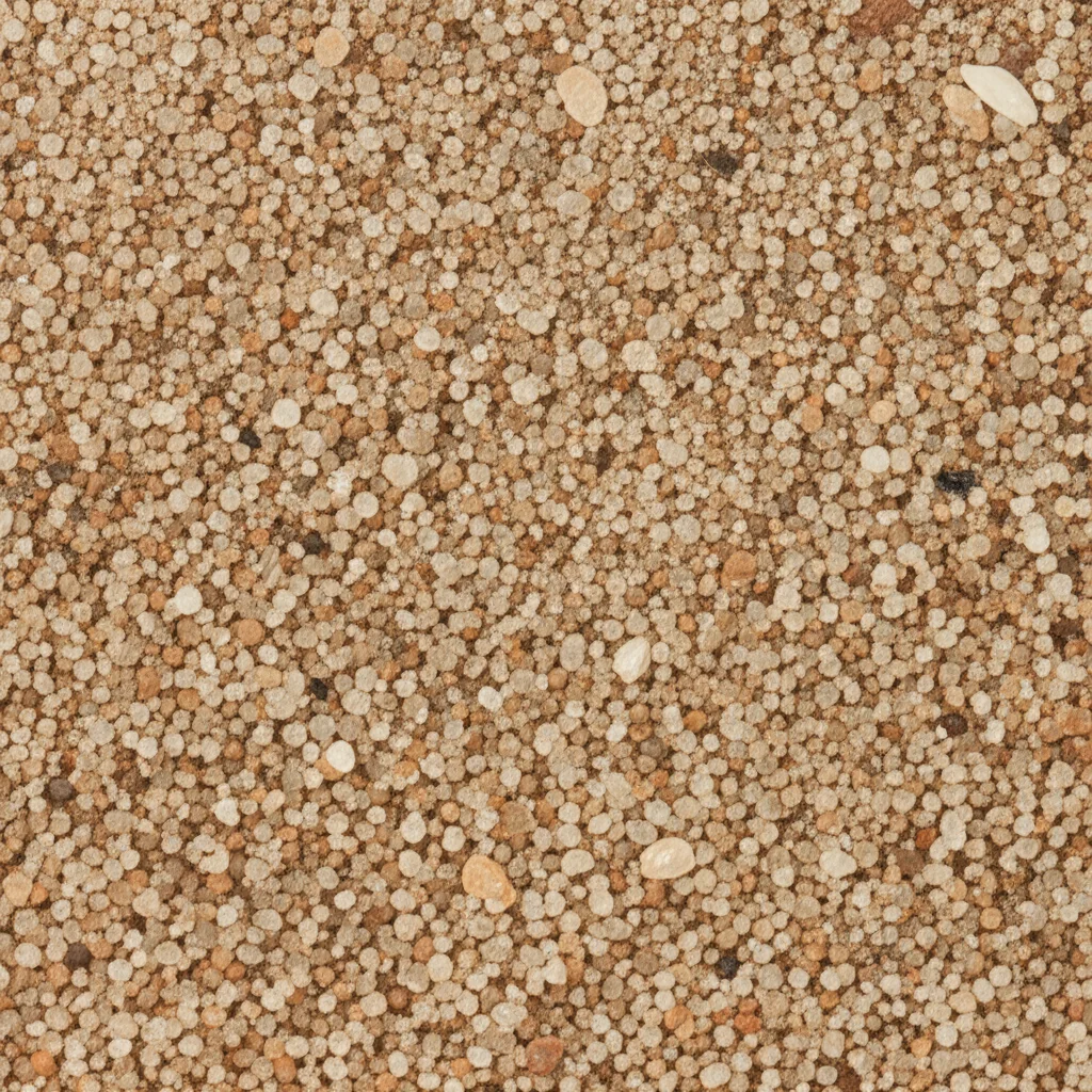 Immagine fotorealistica, obiettivo macro, 90mm, alto dettaglio, messa a fuoco precisa, illuminazione controllata, che mostra una collezione di granelli di sabbia con forme e dimensioni variegate, evidenziandone la texture e la disposizione, con alcuni granelli che proiettano lievi ombre indicanti una fonte di luce.