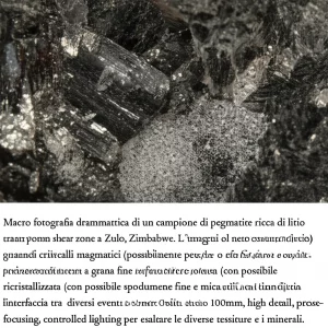 Macro fotografia drammatica di un campione di pegmatite ricca di litio proveniente da una shear zone a Zulu, Zimbabwe. L'immagine mostra il netto contrasto tra una porzione con grandi cristalli magmatici (possibilmente petalite o feldspato) e una porzione adiacente a grana fine, intensamente deformata e ricristallizzata (con possibile spodumene fine e mica allineata), rappresentando l'interfaccia tra diversi eventi o zone di strain. Obiettivo macro 100mm, high detail, precise focusing, controlled lighting per esaltare le diverse tessiture e i minerali.