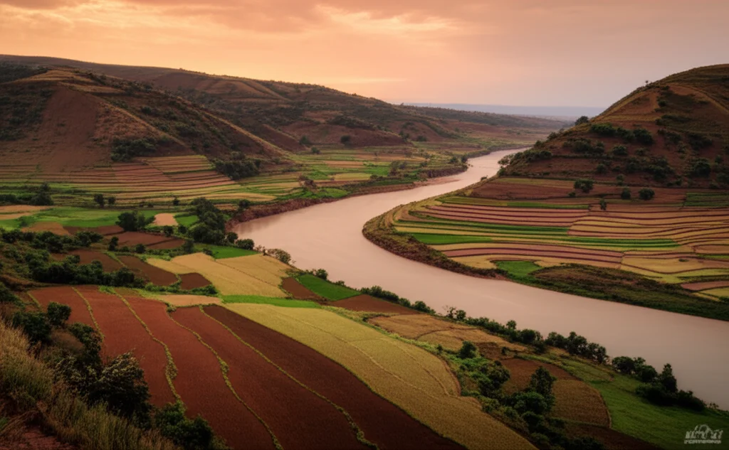 Paesaggio suggestivo del bacino del fiume Awash in Etiopia al tramonto, che mostra terreni agricoli terrazzati su dolci pendii e il fiume che serpeggia in lontananza, simboleggiando la sfida dell'erosione e la necessità di conservazione. Landscape wide-angle 20mm, long exposure for smooth water, warm light, sharp focus.