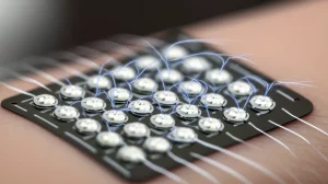 Primo piano di un array di elettrodi HD-sEMG applicato sulla pelle, con visualizzazione grafica astratta di segnali neurali che emanano dagli elettrodi. Obiettivo macro da 100mm, illuminazione da studio precisa per evidenziare i dettagli degli elettrodi e la texture della pelle, alta definizione.