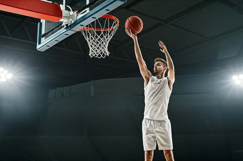 Un giocatore di basket che esegue un tiro in sospensione perfetto al culmine del salto, mostrando incredibile equilibrio e controllo a mezz'aria. Campo da basket indoor professionale. Teleobiettivo 200mm, fast shutter speed, movement tracking, illuminazione drammatica che evidenzia il giocatore con sfondo leggermente sfocato per enfatizzare l'azione.