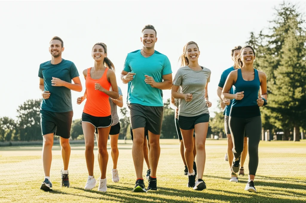 Un gruppo diversificato di giovani adulti sorridenti che fanno jogging in un parco soleggiato, simboleggiando uno stile di vita attivo e la prevenzione cardiovascolare precoce. Immagine sportiva con teleobiettivo zoom 100-400mm, fast shutter speed per catturare il movimento, e action tracking.