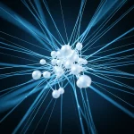 Visualizzazione artistica di una rete neurale luminosa che si trasforma in complesse strutture molecolari su uno sfondo blu scuro. Obiettivo 35mm, profondità di campo, stile duotone blu e argento, simboleggiando l'intersezione tra AI e chimica farmaceutica.