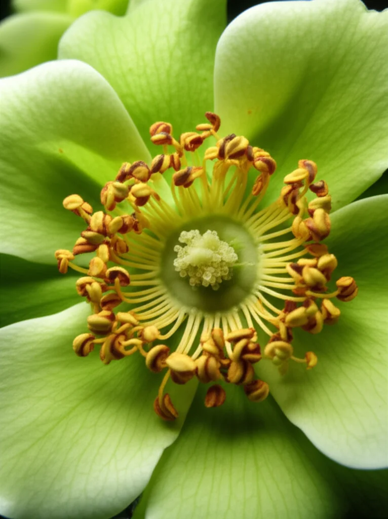Detailed macro photograph of a Rosa chinensis cv. Viridiflora flower showing its green, leaf-like floral organs, high detail, precise focusing under controlled lighting, 105mm Macro lens.