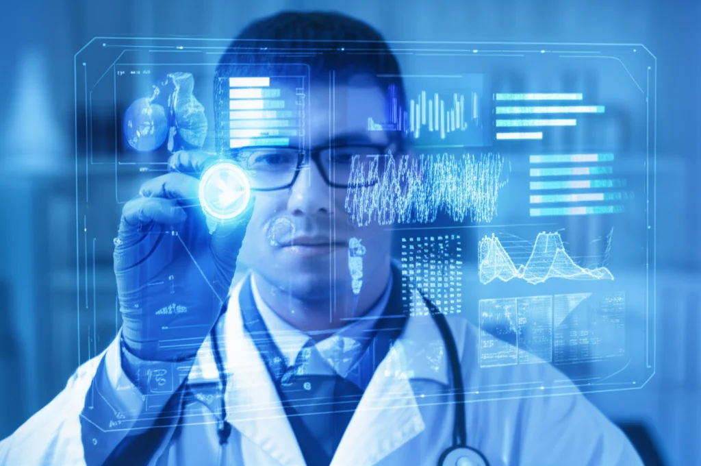 Fotografia di ritratto, lente da 35 mm, profondità di campo, duotone (ciano e blu intenso), un ricercatore medico focalizzato che studia intensamente un'interfaccia olografica luminosa che mostra modelli intricati di biomarcatori del sangue e alberi decisionali per l'apprendimento automatico relativo alle malattie della mucosa orale.