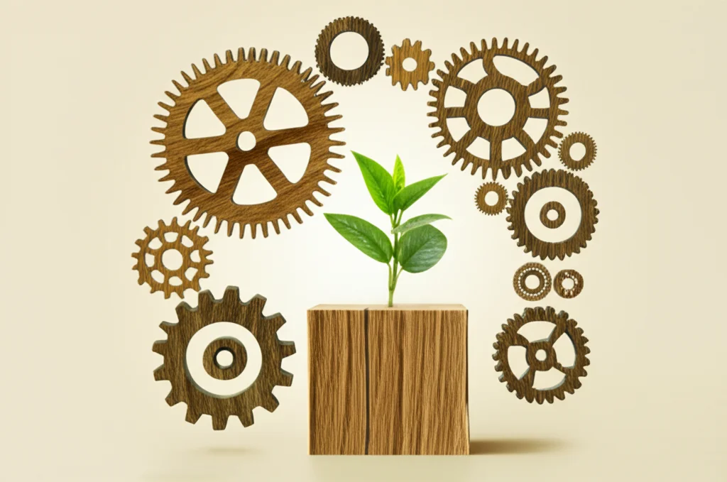 Immagine concettuale di un ecosistema circolare per il legno di recupero nell'edilizia: ingranaggi interconnessi di diverse dimensioni e materiali (legno, metallo) rappresentanti i vari attori (architetti, costruttori, demolitori, riciclatori, istituzioni) che lavorano insieme per trasformare legno da demolizione in nuovi prodotti edili. Al centro, un germoglio verde spunta da un pezzo di legno recuperato. Luce calda e positiva, obiettivo grandangolare 24mm per catturare l'intero sistema, focus nitido su ogni elemento, sfondo neutro e luminoso.