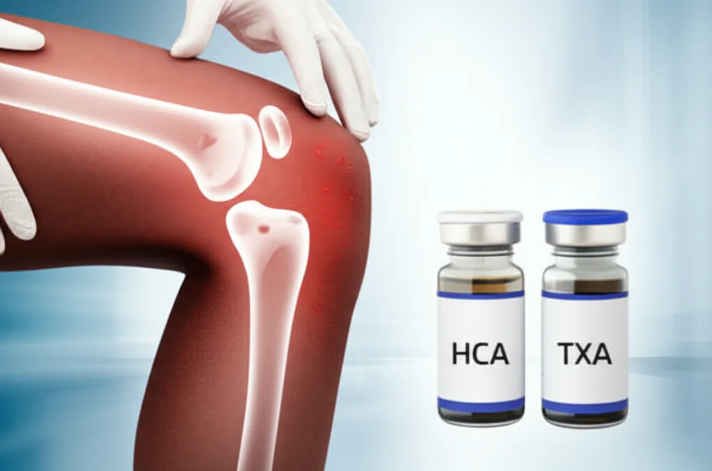 Immagine concettuale di un ginocchio umano con una protesi totale visibile attraverso una sezione trasparente della pelle. Attorno all'area chirurgica, goccioline di sangue stilizzate sono visibilmente ridotte. Accanto, due fiale di farmaci, una etichettata 'HCA' e l'altra 'TXA', simboleggiano l'intervento farmacologico. Macro lens, 85mm, high detail, precise focusing, controlled lighting, su uno sfondo medico astratto e pulito che suggerisce innovazione e ricerca.