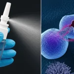 Immagine fotorealistica di un flaconcino spray nasale accanto a una visualizzazione microscopica 3D del rivestimento mucoso nasale con anticorpi IgA e IgG che neutralizzano particelle virali. Dettaglio elevato, illuminazione da laboratorio controllata, obiettivo macro 85mm, profondità di campo ridotta per focalizzare sullo spray e sulla risposta immunitaria.