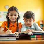 Immagine fotorealistica di una bambina e un bambino di scuola primaria che studiano insieme in un'aula luminosa, simboleggiando i divari di genere e il contesto educativo. Lente prime, 35mm, colori vivaci, profondità di campo.