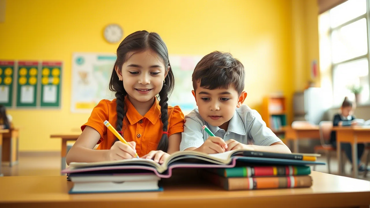 Immagine fotorealistica di una bambina e un bambino di scuola primaria che studiano insieme in un'aula luminosa, simboleggiando i divari di genere e il contesto educativo. Lente prime, 35mm, colori vivaci, profondità di campo.