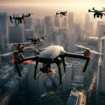 Immagine fotorealistica di uno sciame di droni high-tech che collaborano per fornire servizi di edge computing sopra un paesaggio urbano denso, al crepuscolo, fotografia con teleobiettivo 100mm, profondità di campo ridotta per focalizzare sui droni, illuminazione suggestiva e futuristica, stile cinematografico.