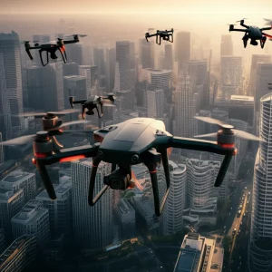 Immagine fotorealistica di uno sciame di droni high-tech che collaborano per fornire servizi di edge computing sopra un paesaggio urbano denso, al crepuscolo, fotografia con teleobiettivo 100mm, profondità di campo ridotta per focalizzare sui droni, illuminazione suggestiva e futuristica, stile cinematografico.