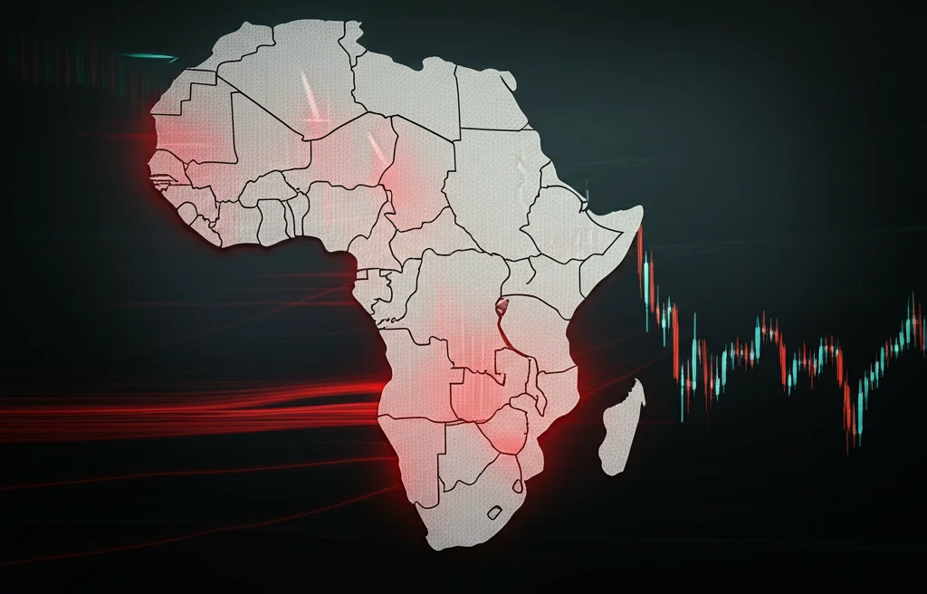 Mappa stilizzata dell'Africa Subsahariana con frecce rosse luminose che indicano capitali in uscita dal continente verso l'esterno, sovrapposta a un grafico finanziario astratto con andamento negativo su sfondo scuro. Fotografia concettuale, obiettivo 50mm, illuminazione drammatica, alta definizione, effetto motion blur sulle frecce.