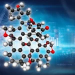 Photorealistic rendering of a complex drug molecule alongside abstract data points and predictive graphs, macro lens, 105mm, high detail, precise focusing.