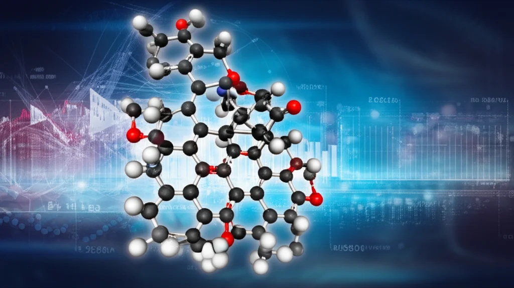 Photorealistic rendering of a complex drug molecule alongside abstract data points and predictive graphs, macro lens, 105mm, high detail, precise focusing.