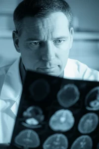 Portrait photography, prime lens, 35mm, depth of field, duotone blue and grey, un neurologo pensieroso esamina una scansione cerebrale, simboleggiando il legame tra D-dimero e esito dell'ictus.