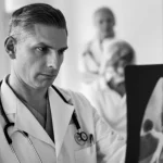 Un medico oncologo che esamina con attenzione una radiografia dell'esofago su un visore luminoso, con un paziente in attesa sullo sfondo, creando un senso di speranza e cura. Prime lens, 35mm, profondità di campo, bianco e nero.