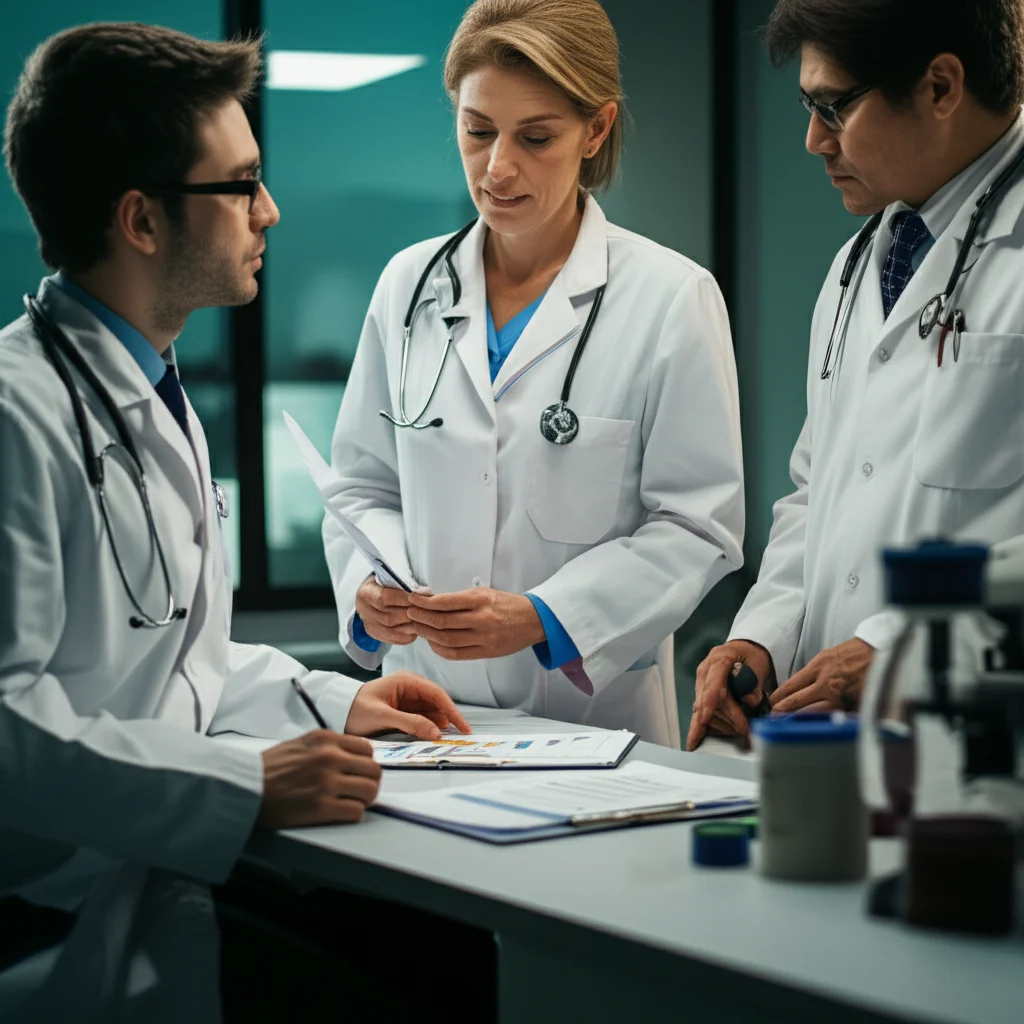 Un team di ricercatori e medici discute animatamente attorno a un tavolo pieno di documenti e grafici relativi alla malattia renale cronica, in un laboratorio moderno. Obiettivo prime da 35mm, luce soffusa da finestra laterale, profondità di campo per evidenziare il gruppo e i documenti.