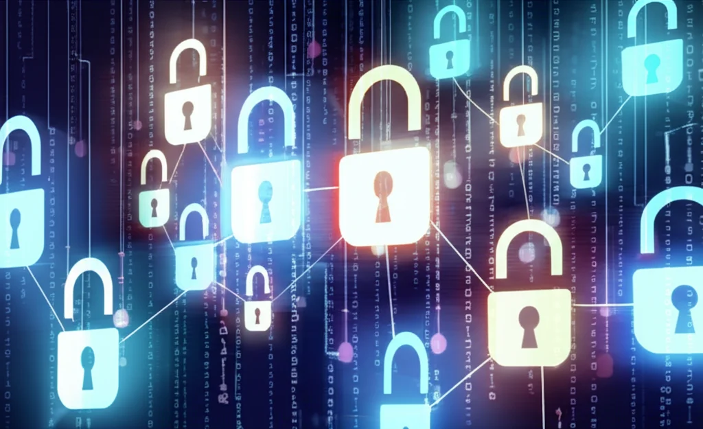 Un'immagine concettuale che mostra più lucchetti digitali interconnessi, con alcuni che si illuminano per indicare una collaborazione. Sullo sfondo, linee di codice binarie e un'aura di sicurezza cibernetica. Obiettivo prime 35mm, illuminazione controllata con toni blu e viola duotone, profondità di campo per mettere a fuoco i lucchetti.
