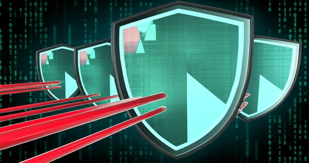 Visualizzazione astratta di scudi di sicurezza digitali che si adattano dinamicamente per respingere minacce informatiche rappresentate da frecce rosse. L'ambiente è high-tech, con un effetto 'matrix' sullo sfondo. Obiettivo macro 100mm, alta definizione, illuminazione controllata per evidenziare gli scudi.