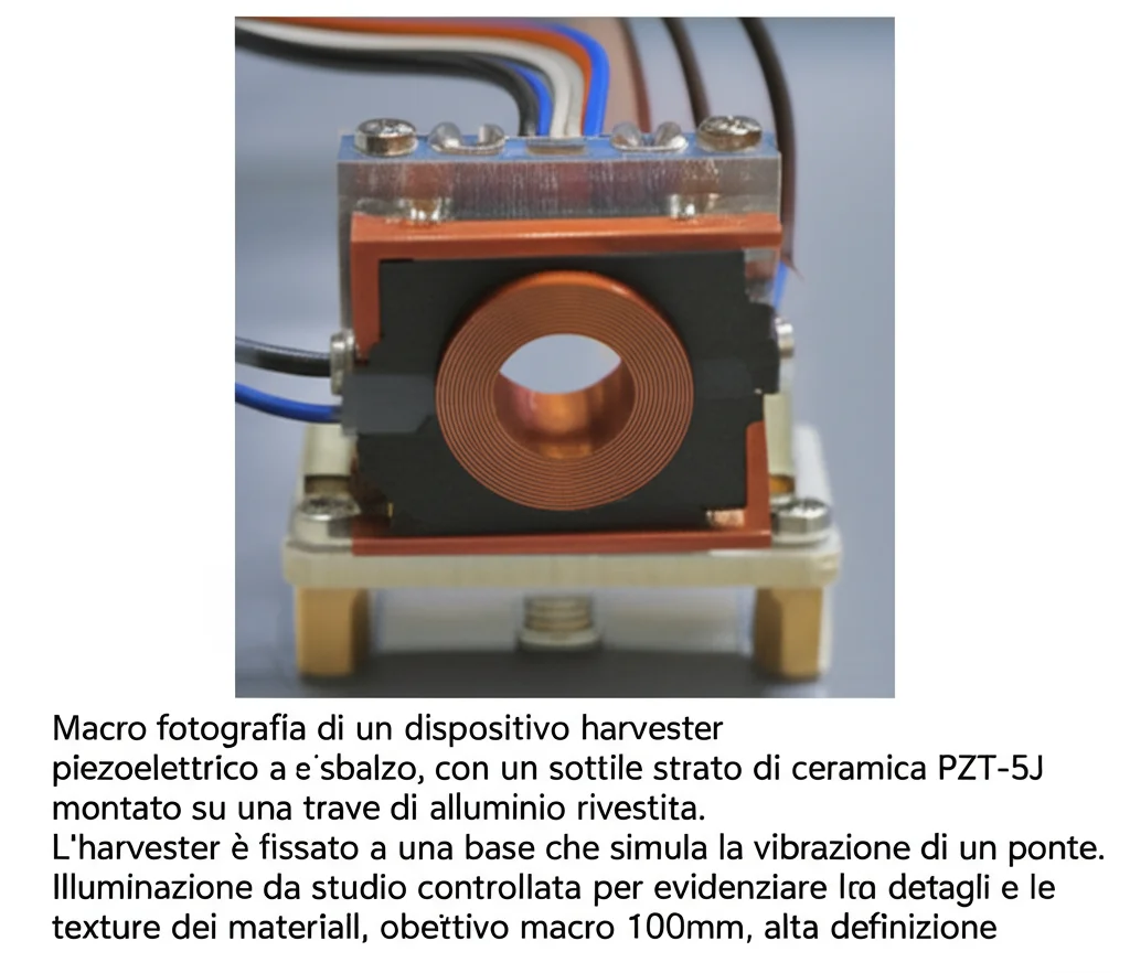 Macro fotografia di un dispositivo harvester piezoelettrico a sbalzo, con un sottile strato di ceramica PZT-5J montato su una trave di alluminio rivestita. L'harvester è fissato a una base che simula la vibrazione di un ponte. Illuminazione da studio controllata per evidenziare i dettagli e le texture dei materiali, obiettivo macro 100mm, alta definizione.