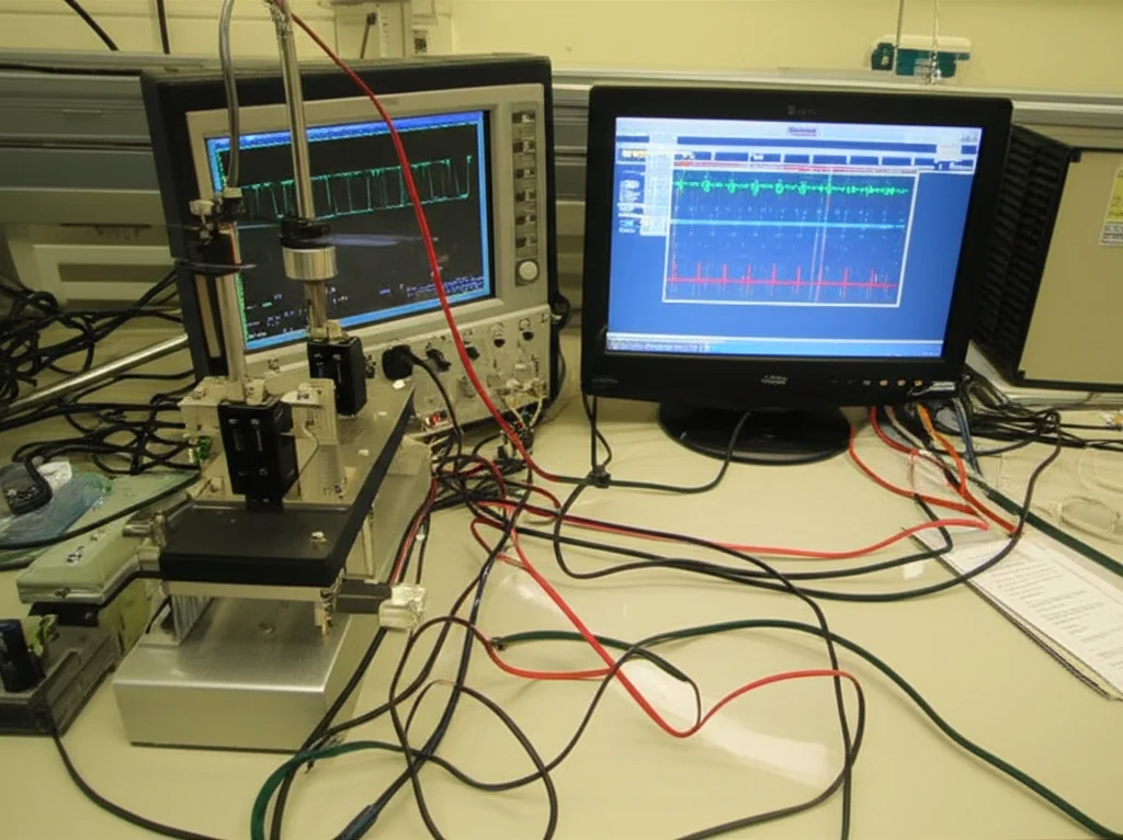 Fotografia di un setup sperimentale dinamico in un laboratorio di ingegneria. Si vede un harvester piezoelettrico a sbalzo montato su uno shaker elettromeccanico (ElectroForce). Fili sottili collegano il piezoelettrico a un oscilloscopio che mostra forme d'onda di tensione su uno schermo. Attorno, altra strumentazione di misura e acquisizione dati. Obiettivo prime 35mm, profondità di campo media per contestualizzare gli strumenti, illuminazione da laboratorio.