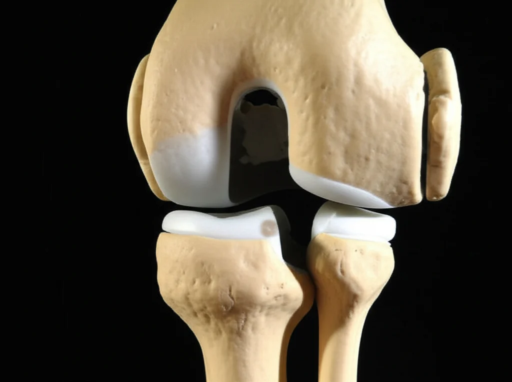 Un'immagine macro di un modello anatomico del ginocchio, con focus sul menisco mediale e sulle strutture ossee circostanti, illuminazione controllata per evidenziare i dettagli, obiettivo macro 60mm. L'immagine mostra chiaramente il condilo femorale e il piatto tibiale, con una luce laterale che crea ombre morbide per definire le forme.