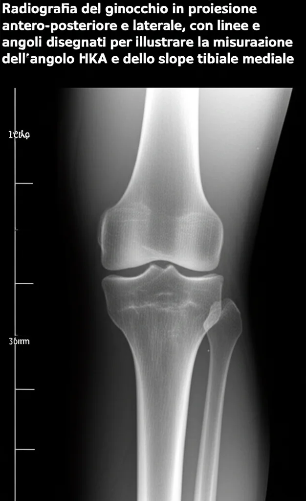 Radiografia del ginocchio in proiezione antero-posteriore e laterale, con linee e angoli disegnati per illustrare la misurazione dell'angolo HKA e dello slope tibiale mediale. L'immagine dovrebbe avere un aspetto tecnico, quasi da manuale medico, con un'illuminazione uniforme. Obiettivo prime 35mm, bianco e nero, alta definizione.