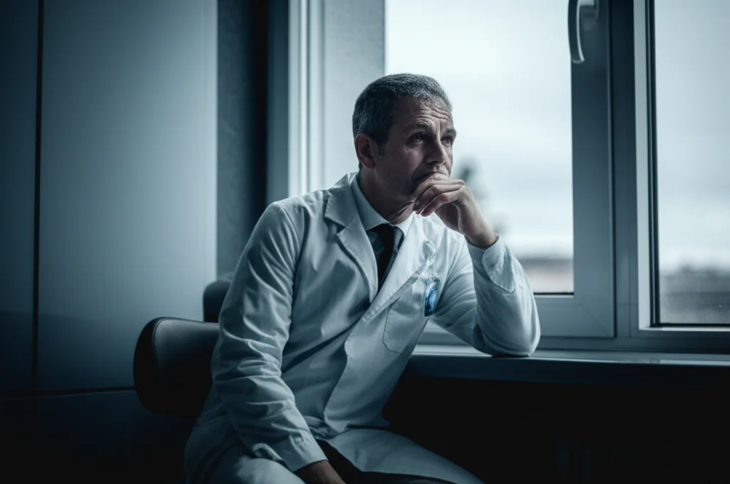 Un dentista dall'aspetto stressato, seduto da solo nel suo studio scarsamente illuminato, guarda fuori dalla finestra con aria pensierosa. Stile fotorealistico, obiettivo da 35mm, toni del blu e del grigio duotone, profondità di campo.