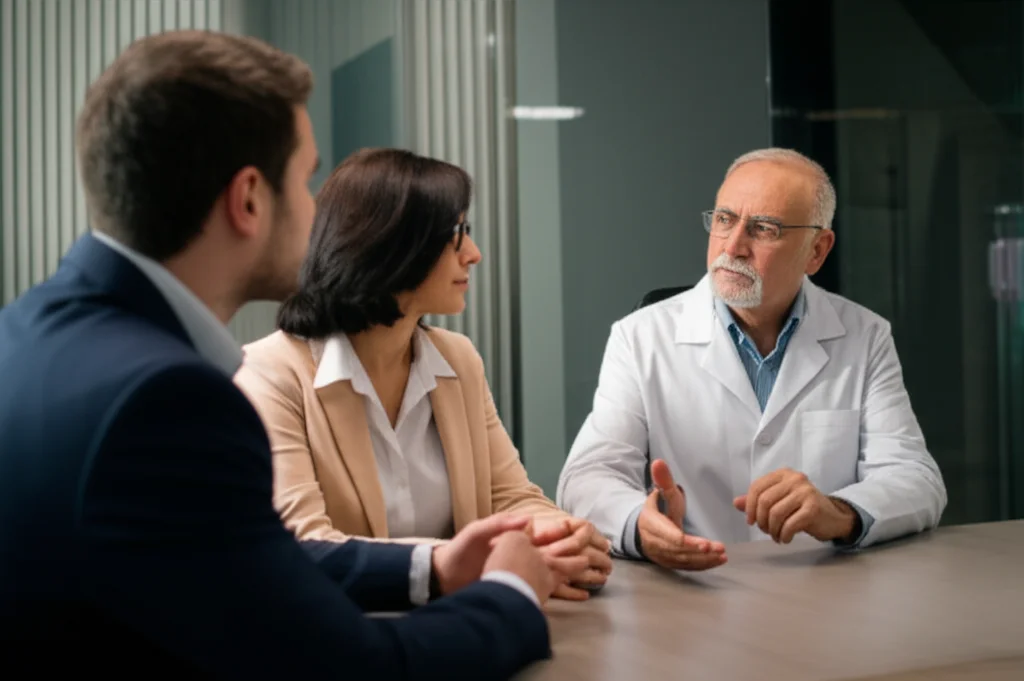Due persone, un mentore dall'aspetto saggio e rassicurante e un dentista più giovane e preoccupato, seduti a un tavolo in un ambiente tranquillo e professionale, impegnati in una conversazione profonda. Fotografia di ritratto, obiettivo da 50mm, luce naturale soffusa, colori caldi, leggera profondità di campo.