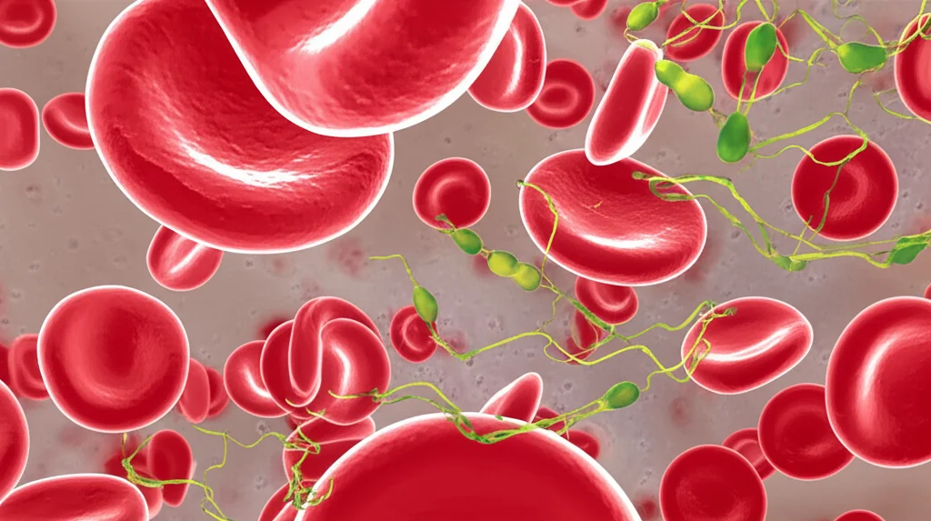 Macro lens, 60mm, close-up di eritrociti di pecora al microscopio, alcuni sani e di colore rosso vivo, altri con segni di stress ossidativo (forme irregolari, più pallidi), con una sottile sovrapposizione di strutture molecolari di acidi grassi omega-3 e omega-6. Alta definizione, messa a fuoco precisa, illuminazione controllata.