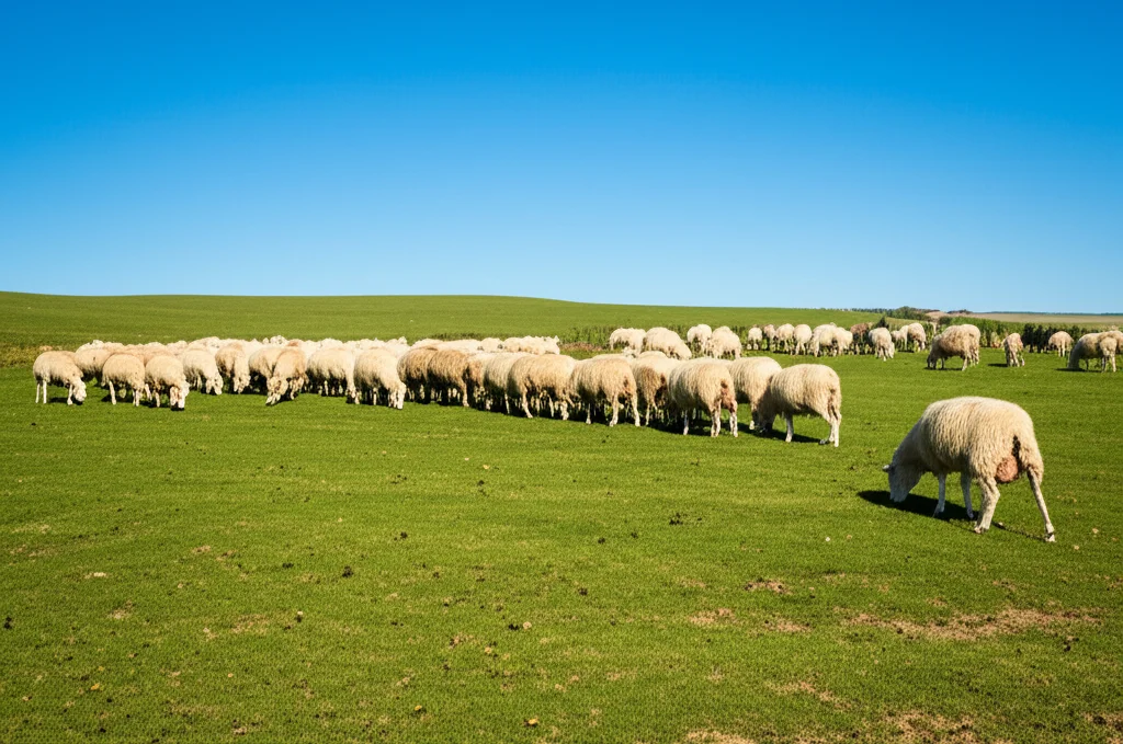 Telephoto zoom, 100-400mm, un piccolo gregge di pecore Sarde in salute che pascola serenamente in un rigoglioso prato verde sardo sotto un cielo azzurro e limpido, trasmettendo un senso di benessere e dieta naturale. Velocità dell'otturatore elevata, tracciamento del movimento.