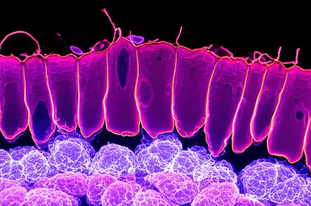 Macro fotografia di una sezione di pelle umana che mostra cheratinociti e la barriera epidermica, con illuminazione controllata per evidenziare i dettagli strutturali, obiettivo macro 90mm, alta definizione. L'immagine dovrebbe illustrare la complessità della barriera cutanea e le cellule coinvolte.