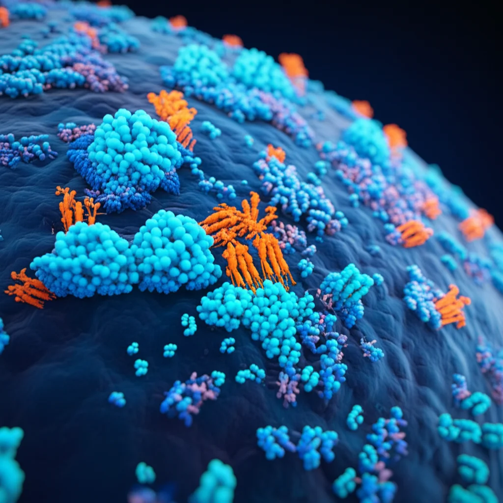 Visualizzazione 3D astratta di proteine interagenti, come JAK1 e STAT3, all'interno di una cellula, con colori fluorescenti duotone (blu e arancione) per distinguere le molecole, effetto profondità di campo, obiettivo prime 35mm. L'immagine dovrebbe rappresentare il pathway di segnale intracellulare.