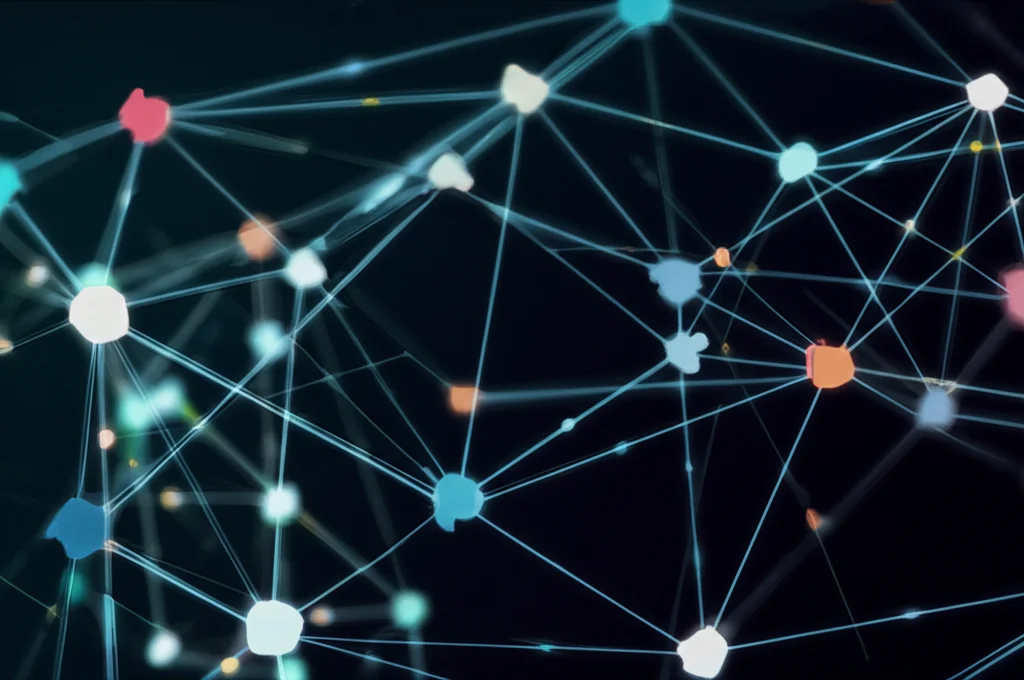 Macro, 100mm, high detail, precise focusing, controlled lighting, visualizzazione astratta di una rete biologica scale-free con nodi di diverse dimensioni che rappresentano le proteine e connessioni luminose che indicano le interazioni, su uno sfondo scuro e tecnologico.