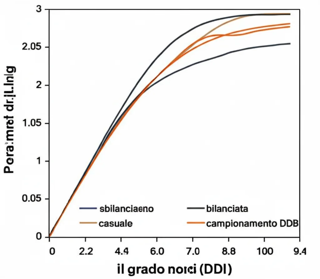 Wide-angle, 10-24mm, long exposure, sharp focus, una visualizzazione grafica che mostra due distribuzioni di dati: una sbilanciata (campionamento casuale) e una bilanciata (campionamento DDB), con linee che indicano il grado dei nodi, su uno sfondo astratto che rappresenta l'analisi dati.