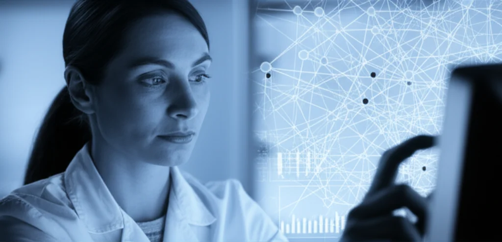 People (portraits), Prime lens, 35mm, Depth of field, duotone (blu e grigio), un ricercatore o una ricercatrice che osserva con attenzione uno schermo con complesse reti neurali e grafici di dati biologici, simboleggiando l'analisi e la scoperta.