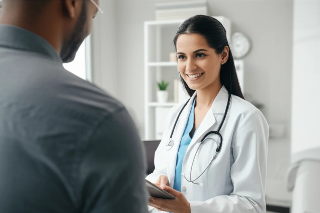 Un medico in un Community Health Center (CHC) moderno e luminoso, mentre utilizza un tablet per registrare i determinanti sociali della salute (SDOH) di un paziente. L'ambiente è accogliente e tecnologicamente attrezzato. Obiettivo prime, 35mm, profondità di campo, luce naturale controllata.