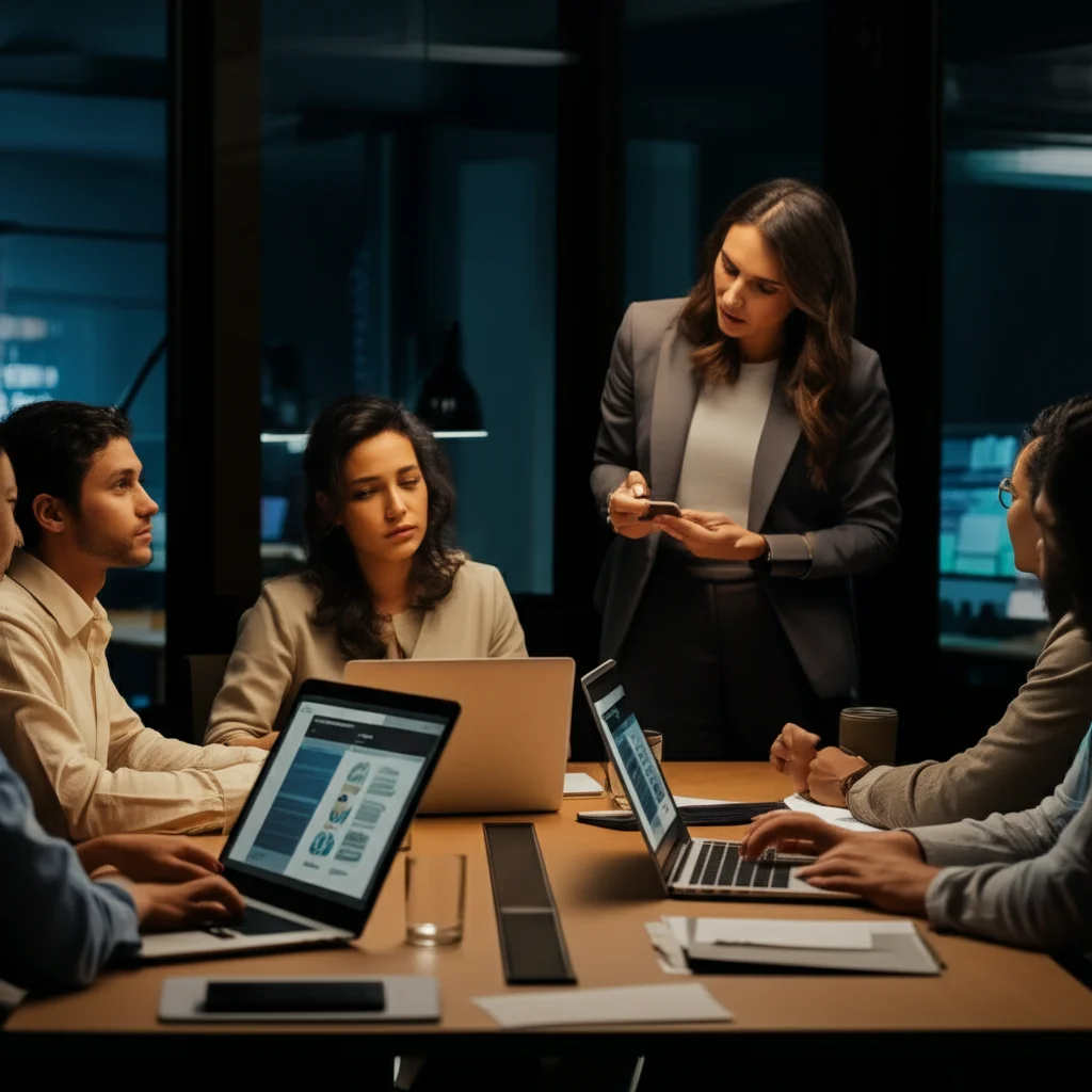 Un team multidisciplinare di professionisti sanitari e assistenti sociali collabora attorno a un tavolo luminoso con schermi interattivi che mostrano dati aggregati sui determinanti sociali della salute di una comunità. L'atmosfera è di problem solving e innovazione. Obiettivo grandangolare, 24mm, per catturare l'intera scena, illuminazione brillante e moderna.