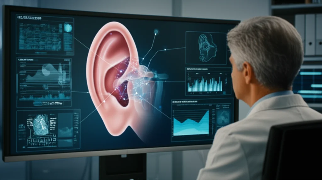 Un medico otorinolaringoiatra che esamina attentamente un'immagine digitale complessa dell'orecchio interno su un grande schermo ad alta definizione, con sovrapposizioni di dati AI che evidenziano potenziali anomalie. L'ambiente è uno studio medico high-tech. Prime lens, 35mm, depth of field, illuminazione controllata per enfatizzare i dettagli sullo schermo.