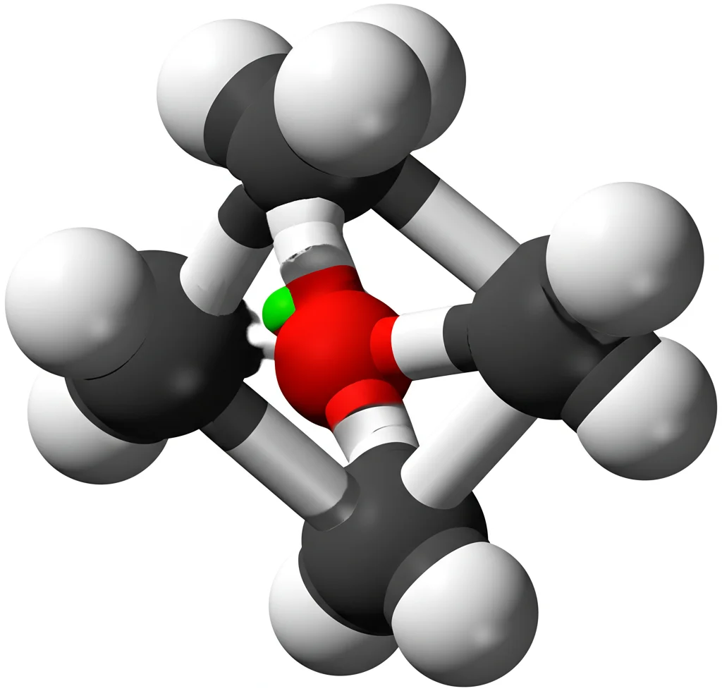 Immagine fotorealistica di una molecola di CO (monossido di carbonio) con un protone che si lega al carbonio, un sito di minore densità elettronica rispetto all'ossigeno. Obiettivo macro 100mm, illuminazione laterale per creare ombre e profondità, evidenziando la struttura elettronica in modo sottile.