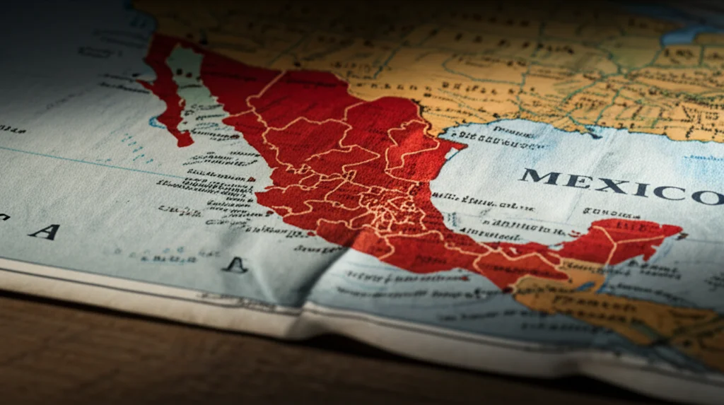 Una mappa stilizzata del Messico con alcune aree evidenziate in rosso intenso per indicare gli alti tassi di violenza, mentre altre sono più chiare. La mappa è presentata come se fosse su un vecchio tavolo di legno, con una luce direzionale che crea ombre lunghe. Macro lens, 90mm, per un dettaglio preciso sulla texture della mappa e del tavolo, illuminazione controllata.