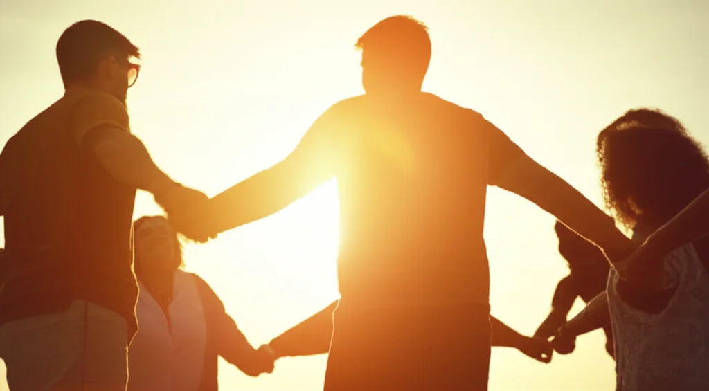 Un gruppo diversificato di persone (stilizzate o in silhouette per mantenere l'anonimato e il focus sul concetto) che si tengono per mano formando un cerchio, simbolo di comunità e supporto, con un sole nascente sullo sfondo che rappresenta la speranza. Obiettivo zoom, 35mm, profondità di campo per mettere a fuoco il gruppo ma mantenere lo sfondo significativo. Colori caldi e luminosi.