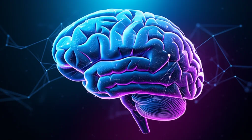 Un'immagine concettuale di un cervello umano con reti neurali digitali sovrapposte, illuminato da luci blu e viola, a simboleggiare l'applicazione dell'intelligenza artificiale alla neurologia. Obiettivo prime, 35mm, profondità di campo, duotone blu e viola.