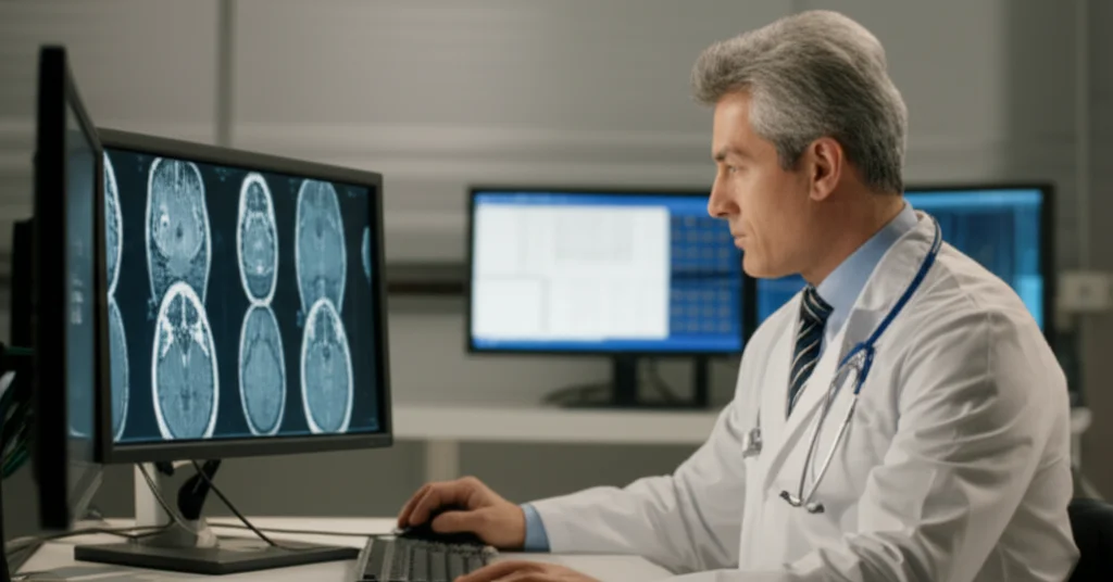 Un medico che esamina attentamente una TAC cerebrale su un monitor ad alta definizione in una sala di controllo ospedaliera moderna e ben illuminata. Macro lens, 100mm, high detail, precise focusing, controlled lighting.
