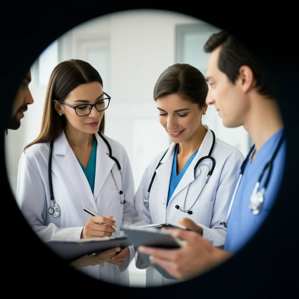Un team medico multidisciplinare (neurologo, infermiere, fisioterapista) che discute il piano di cura di un paziente in una stroke unit luminosa e tecnologicamente avanzata. Zoom lens, 24-70mm, profondità di campo, colori naturali e caldi.