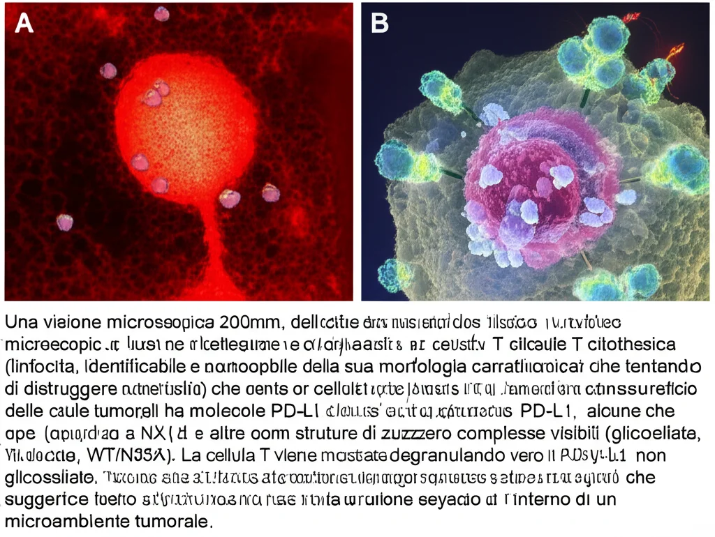 Teleotdo Zoom, 200mm, velocità dell'otturatore rapido, tracciamento dell'azione. Una visione microscopica e altamente dettagliata di una cellula T citotossica (linfocita, identificabile dalla sua morfologia caratteristica) che si impegna attivamente e tentando di distruggere una cellula tumorale. La superficie delle cellule tumorali ha molecole PD-L1, alcune che appaiono lisce (non glicosilate, simili a NX4) e altre con strutture di zucchero complesse visibili (glicosilata, WT/N35A). La cellula T viene mostrata degranulando verso la cellula tumorale con il PD-L1 non glicosilato. Sfondo dinamico e leggermente sfocato che suggerisce l'attività cellulare all'interno di un microambiente tumorale.