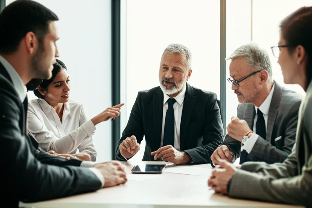 Fotografia di un gruppo eterogeneo di persone sedute attorno a un tavolo circolare in una sala riunioni moderna e luminosa. Stanno discutendo animatamente ma in modo costruttivo, alcuni indicano un tablet al centro del tavolo. Luce naturale da una finestra laterale. Obiettivo zoom 24-70mm impostato a circa 30mm per un'inquadratura ampia ma intima, leggera profondità di campo per mantenere il focus sul gruppo e l'interazione. L'atmosfera è collaborativa e professionale.
